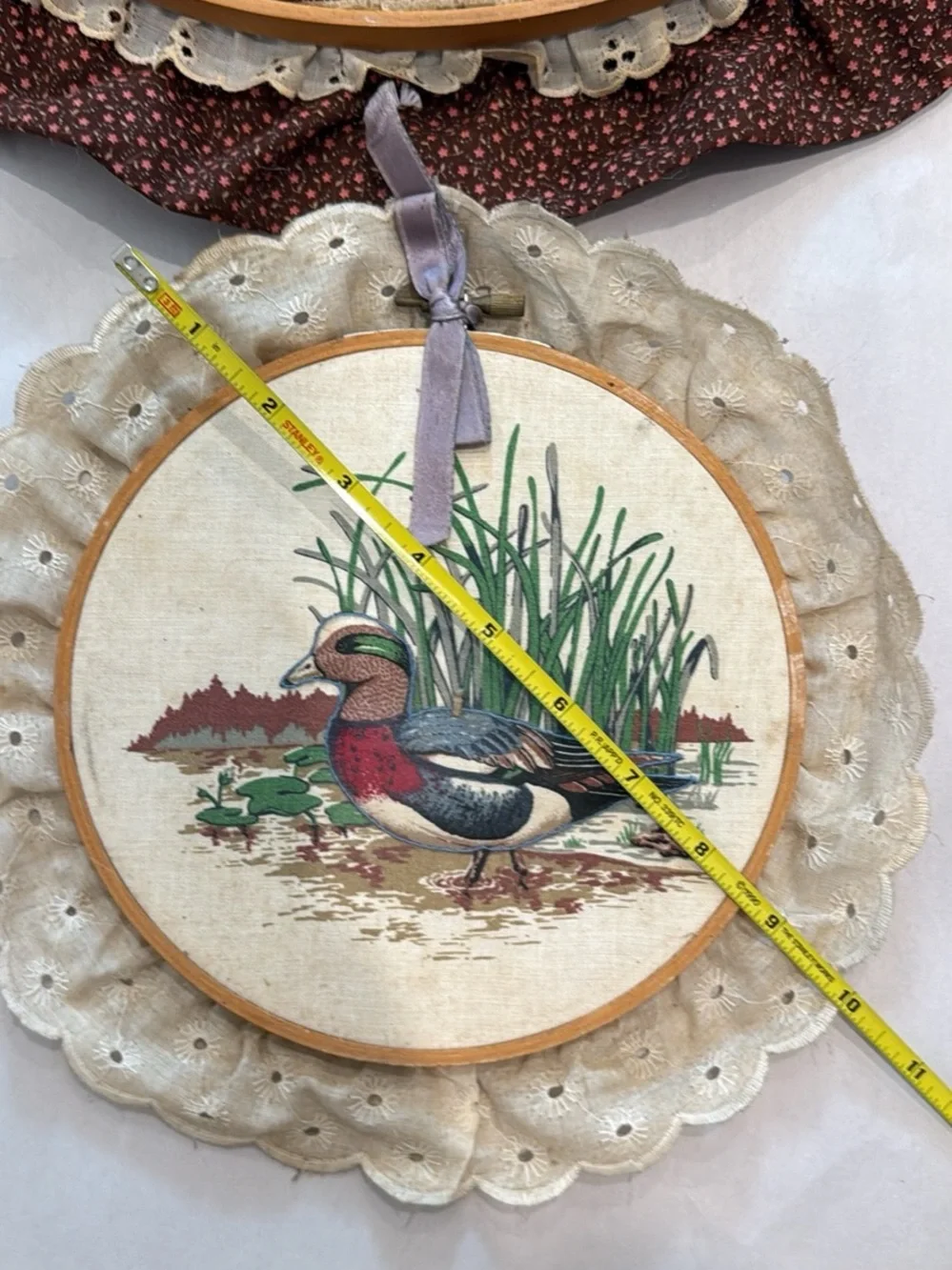 2 vintage Handmade Duck Wall Hangings in Brown and ivory fabrics